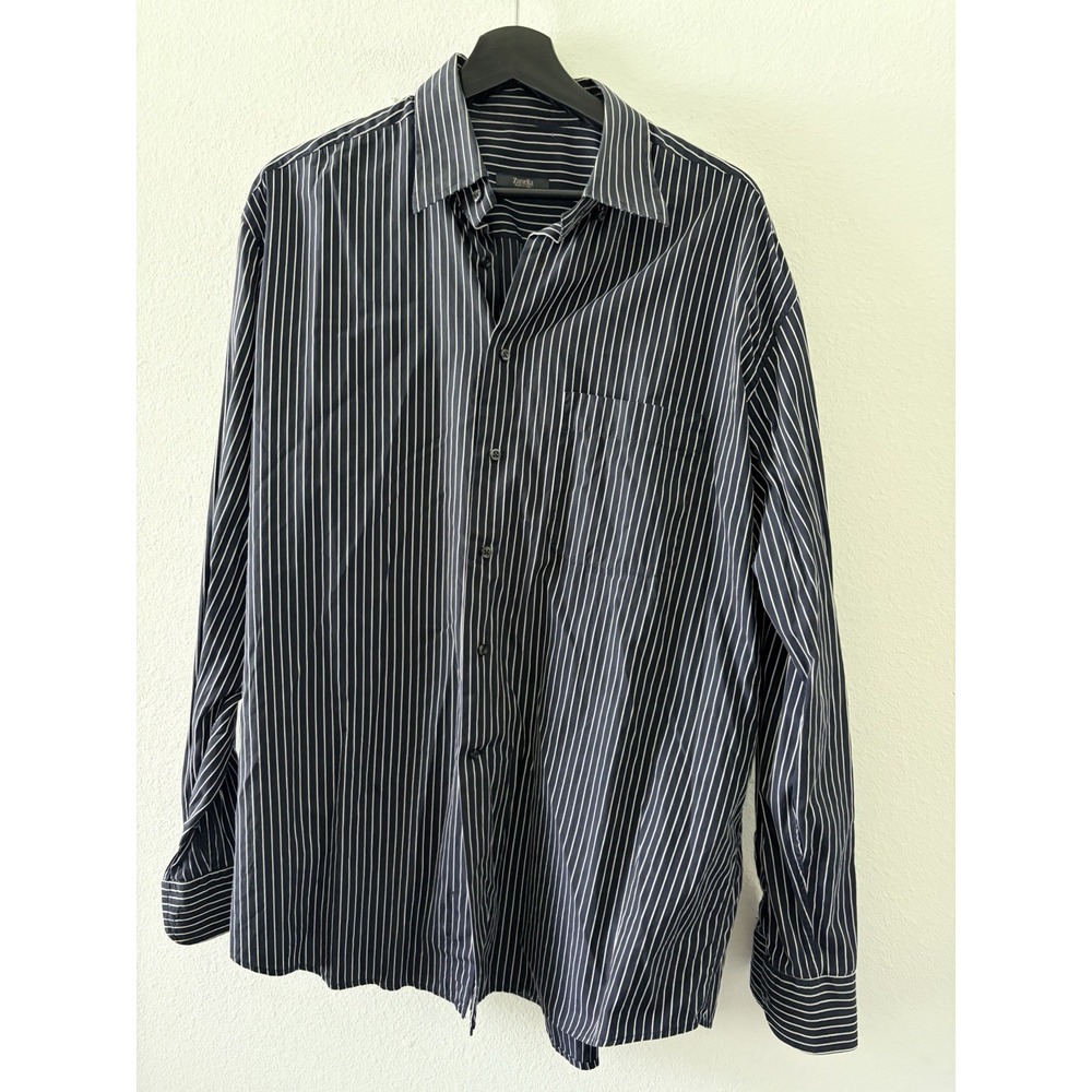 Zanella Men's Dress Shirt XL Navy Blue White Striped Long Sleeve Button Down